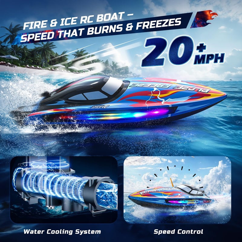 DEERC Fast RC Boat for Pool & Lake, 20+MPH, 40+ Mins, Self Righting Remote Control Racing Speed Boat for Kids, 2.4Ghz Summer Water Toy Gift - Image 4